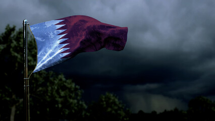 Qatar flag for national celebration on dark storm cumulus clouds - abstract 3D illustration