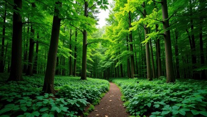 Obraz premium A verdant forest vista, with towering trees cloaked in lush green foliage lining either side of a winding path, inviting serene exploration