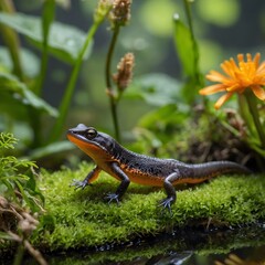 Obraz premium Ecological Interaction: Smooth Newt Among Diverse Ecosystem Creatures