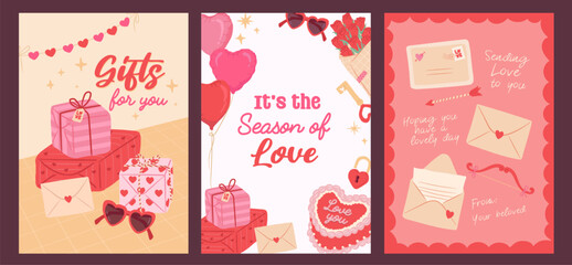 Collection of Love season and Valentines day sweet desserts gifts, cake and letter poster vector illustration