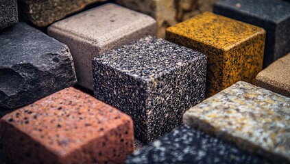 Explore Diverse Cube Textures:  A Variety of Colors and Patterns in Stone Cubes, Detailed Close-up View.