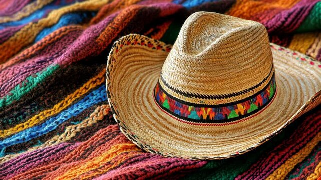 Traditional straw hat resting on colorful woven textile in a vibrant setting