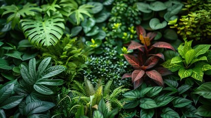 Fototapeta premium A vibrant tropical foliage backdrop featuring lush green leaves and colorful flowers