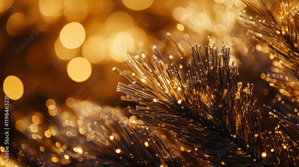 Poster close-up of illuminated artificial pine needles with bokeh lights.