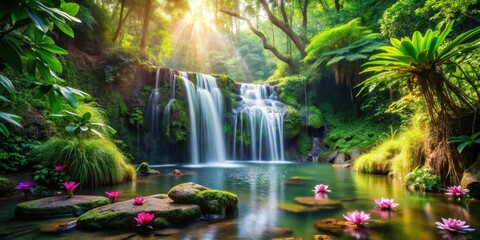 Serene Waterfall Cascading into a Lush Tropical Pool, Adorned with Vibrant Pink Aquatic Blossoms, Bathed in Golden Sunlight