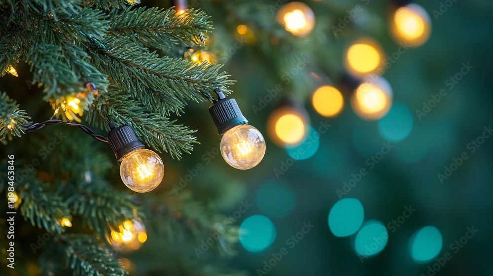 Poster warm-toned string lights illuminate a lush evergreen tree branch, creating a festive ambiance.