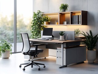 Fototapeta premium Modern minimalist home office with standing desk, computer, plants, and large window.