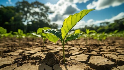 Young Plant Sprout Thriving in Dry Soil Under Sunny Sky, Shows Resilience and Growth in Arid Conditions