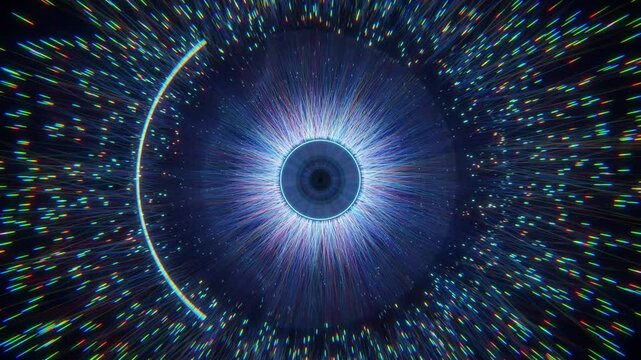 Abstract glowing eye pupil dilating and contracting with colorful particles