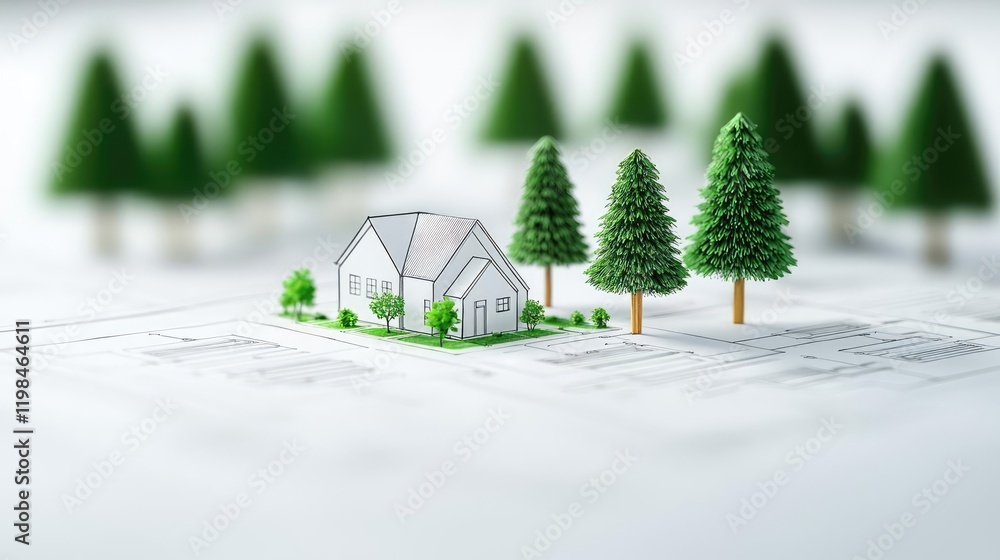 Aufkleber engineer blueprint idea. a miniature house surrounded by trees on a blueprint background showcases m