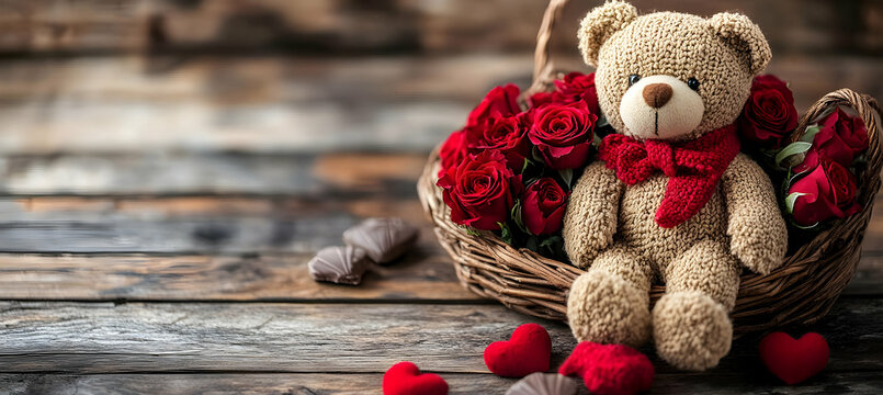 A heart-themed gift basket filled with chocolates, roses, and a small teddy bear, tied with a red bow for a thoughtful Valentine's Day present.