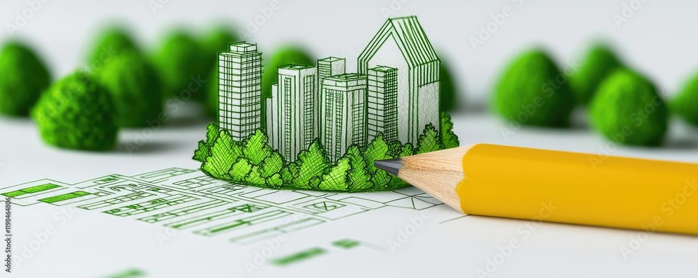 Poster engineer blueprint idea. stylized urban design with green buildings and landscaped trees in a concep