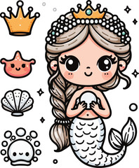 Cute cartoon girl mermaid with long hair, a smiling face
