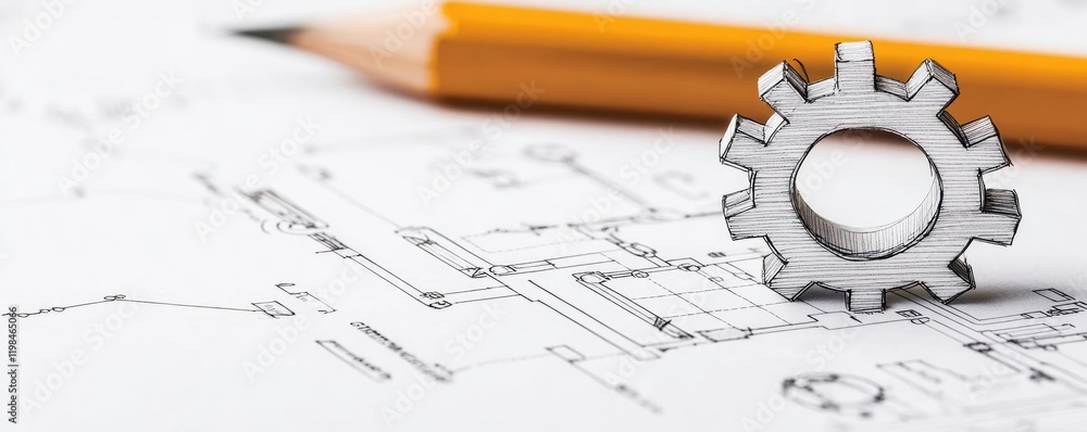 Poster engineer blueprint idea. close-up of a gear on engineering blueprints with a pencil, symbolizing ind