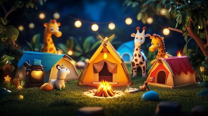 Cute giraffes and animals camping at night around a bonfire with tiny tents.