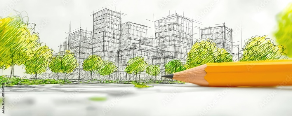Poster engineer project idea. a conceptual sketch of modern buildings with a pencil and green trees in a su