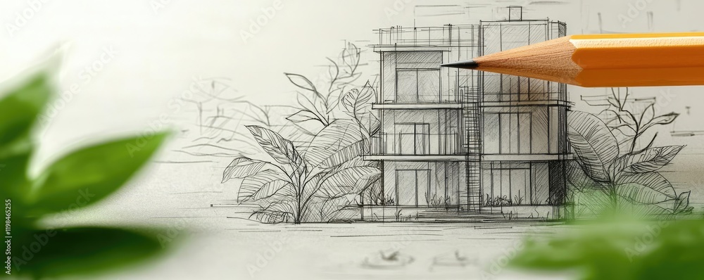 Poster engineer project idea. detailed architectural sketch of a modern building with greenery surrounding 