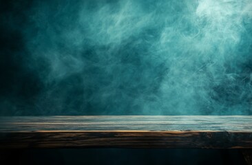 Dark moody background with smoky teal backdrop and wooden table.
