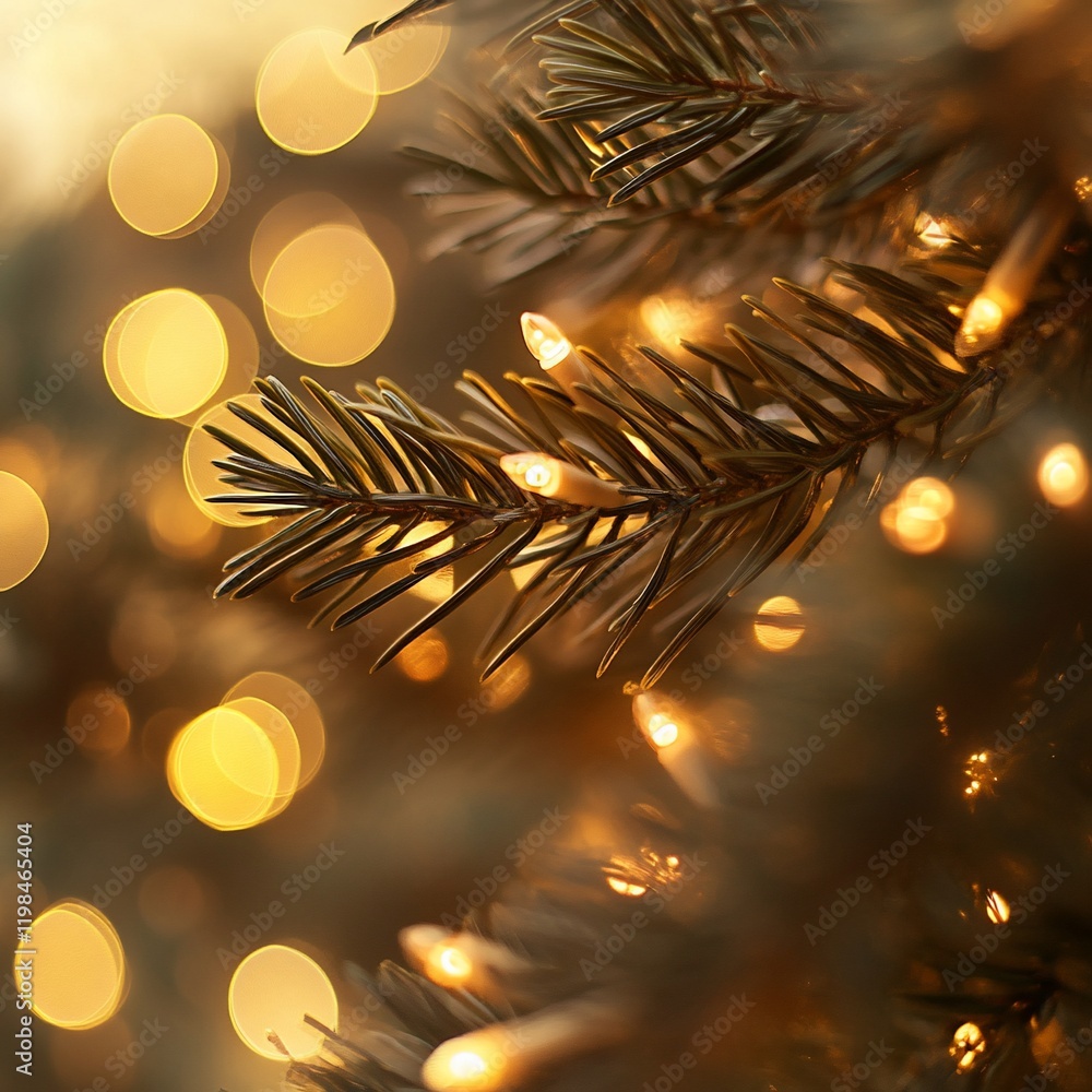 Aufkleber close-up of illuminated evergreen tree branch with warm bokeh lights.