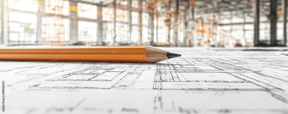 Aufkleber engineer project idea. close-up of a pencil on architectural blueprints in a contemporary constructi