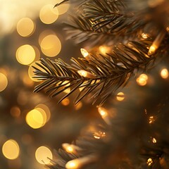 Close-up of illuminated evergreen tree branch with warm bokeh lights.