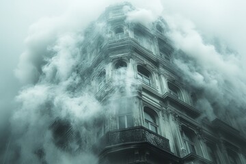 Old building shrouded in mysterious fog.