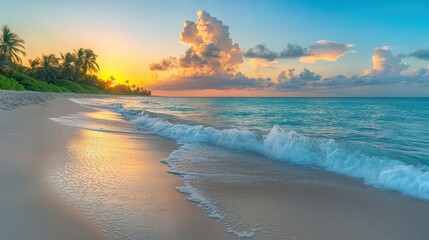 Fototapeta premium Beach with soft waves, palm trees, and colorful sunset