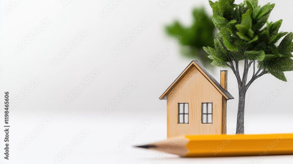 Aufkleber engineer project idea. a miniature house model next to a tree and a yellow pencil, symbolizing desig