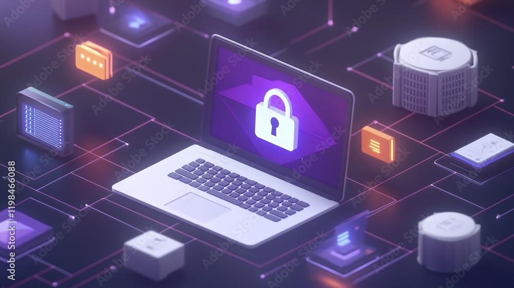 Poster laptop with padlock icon on screen, surrounded by digital devices and network connections, illustrat