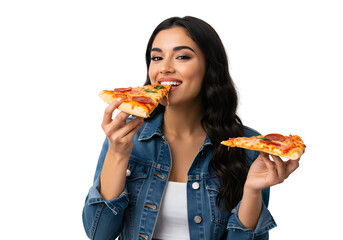 Beautiful woman eating a slice of pizza 