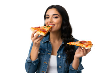 Beautiful woman eating a slice of pizza 