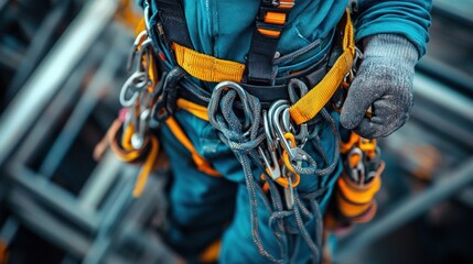 Fototapeta premium Worker in safety gear equipped with climbing harness and tools, preparing for high-altitude task
