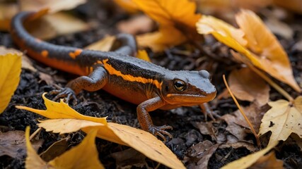Obraz premium Palmate Newt Among the Vibrant Colors of Autumn Leaves
