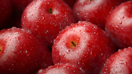 Red Plums Covered In Water Droplets Close Up