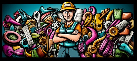 Cartoon illustration of a construction worker surrounded by various tools and equipment.