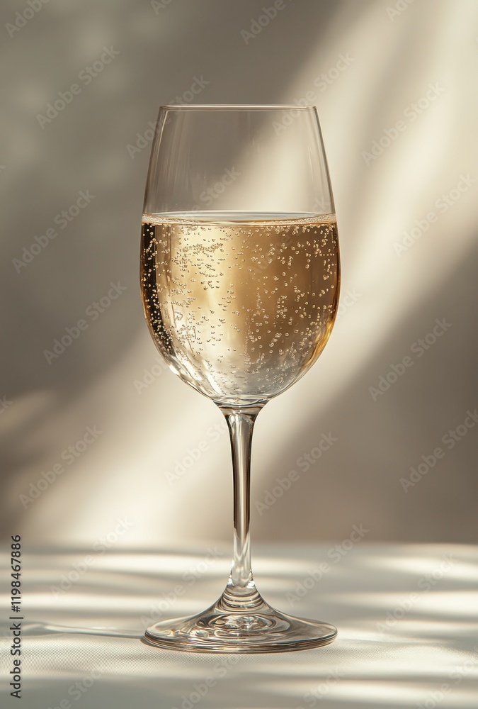 Poster elegant glass of sparkling wine with bubbles against a soft neutral background highlighted by gentle