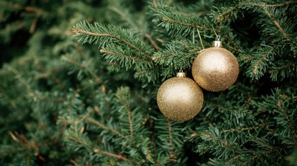 Two shimmering gold ornaments adorn a vibrant evergreen tree branch, capturing the spirit of the Christmas season beautifully