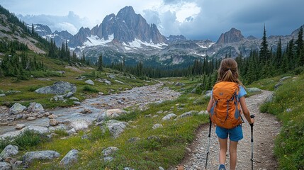 Naklejka premium Young hiker exploring a scenic mountain trail with dramatic peaks and a flowing stream in the background