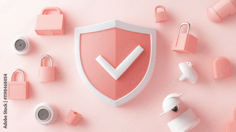 Poster pink shield with checkmark surrounded by padlocks and security cameras, illustrating online security