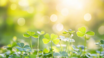 Green four leaf clovers bask in soft sunlight, creating a serene atmosphere amidst a lush natural environment