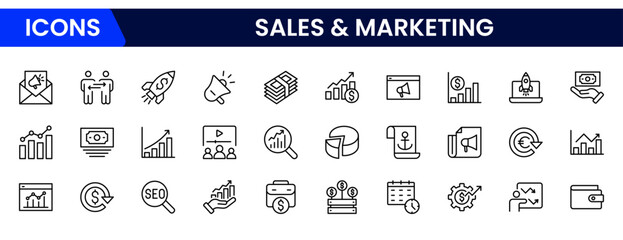 Sales marketing icon set. website, social media, seo, sales, and more, Filled vector symbol collection. glyph icons for web and UI. Vector illustration.