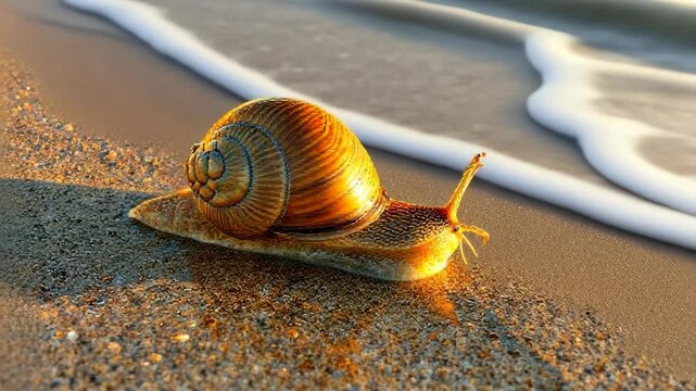 Snail moves slowly along sandy beach at sunset, showcasing vibrant shell colors and intricate textures