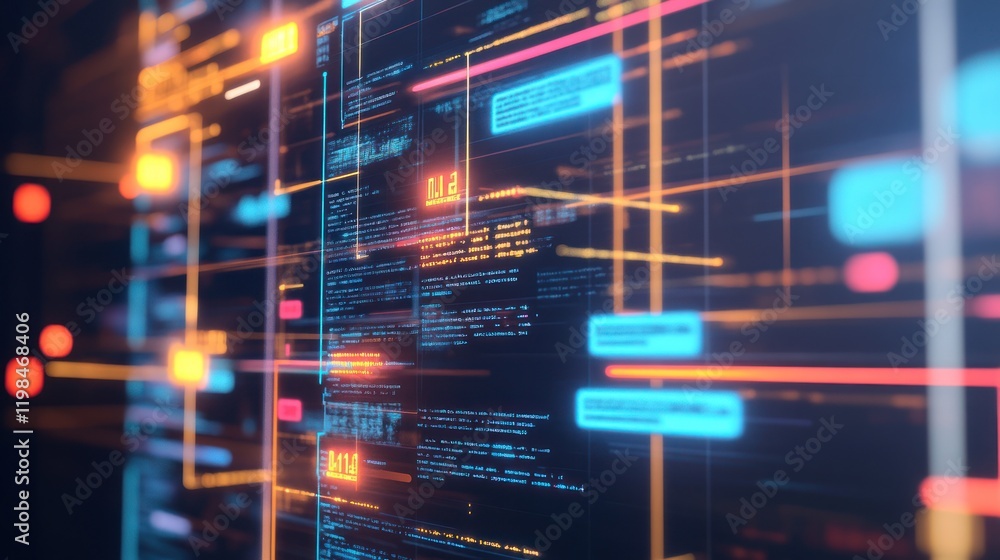 Poster abstract digital data stream: neon code and information flow