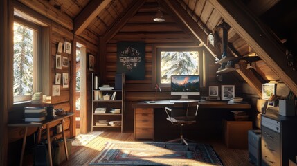 Cozy Cabin Office: Sunlit Workspace in a Rustic Wooden Retreat
