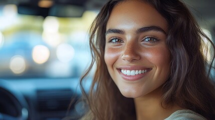 Fototapeta premium Young woman smiling warmly inside a car, with blurred city traffic in the background during daytime