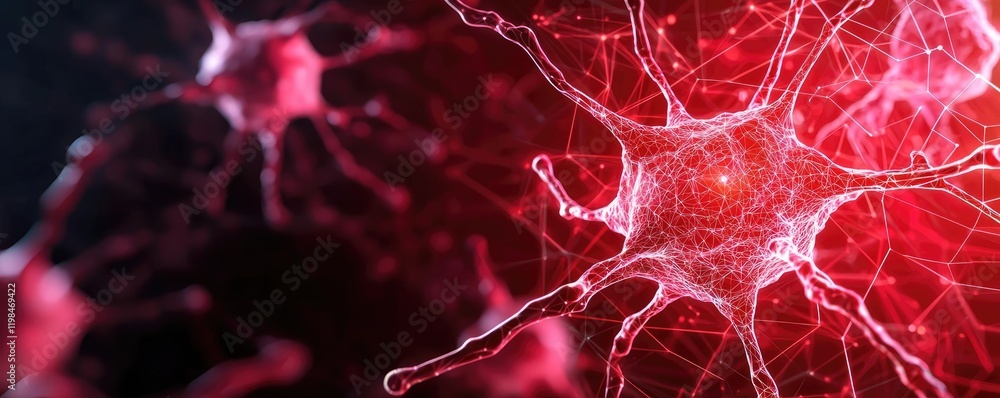 Poster dust pollution idea. microscopic view of neurons illuminated in vibrant red tones on a dark backgrou