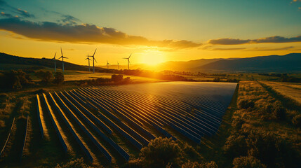 Solar and wind turbines farm on sunset, Sustainable energy, Alternative electricity source