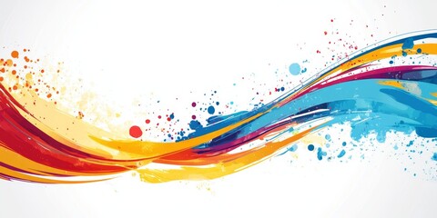 Abstract colorful wave design with paint splatters.