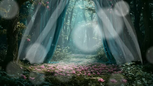 Fairy forest backdrop with pink flowers and blue curtains. Romantic cinematic lighting loop animation background
