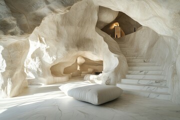 Luxurious cave house interior with marble stairs and seating.